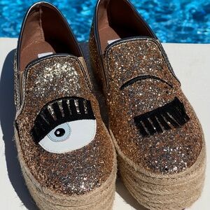 Steve Madden Espadrilles Slip On HIDE Winking Eye Rose Gold Sparkle Glitter
